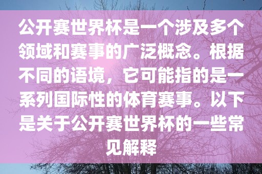 公开赛世界杯是一个涉及多个领域和赛事的广泛概念。根据不同的语境，它可能指的是一系列国际性的体育赛事。以下是关于公开赛世界杯的一些常见解释