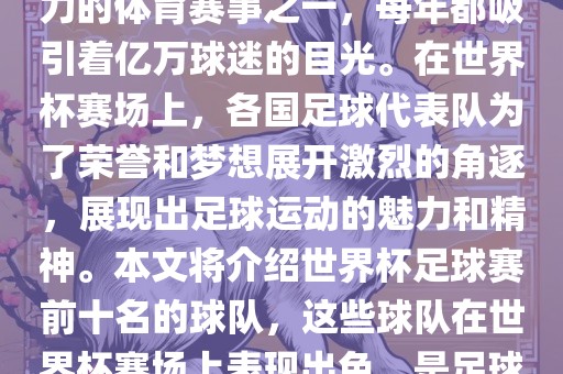 世界杯足球赛是全球最具影响力的体育赛事之一，每年都吸引着亿万球迷的目光。在世界杯赛场上，各国足球代表队为了荣誉和梦想展开激烈的角逐，展现出足球运动的魅力和精神。本文将介绍世界杯足球赛前十名的球队，这些球队在世界杯赛场上表现出色，是足球界最顶尖的球队之一。