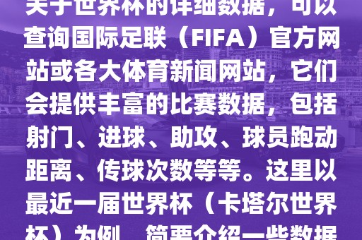 关于世界杯的详细数据，可以查询国际足联（FIFA）官方网站或各大体育新闻网站，它们会提供丰富的比赛数据，包括射门、进球、助攻、球员跑动距离、传球次数等等。这里以最近一届世界杯（卡塔尔世界杯）为例，简要介绍一些数据