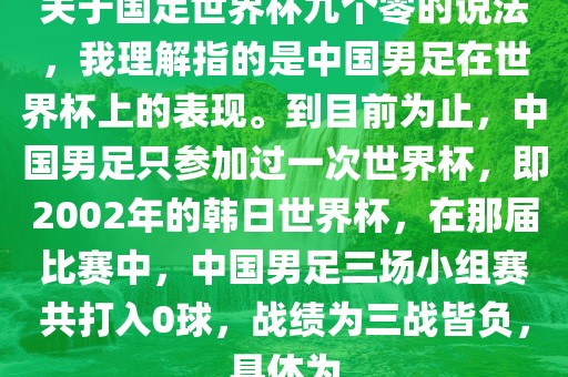 关于国足世界杯九个零的说法，我理解指的是中国男足在世界杯上的表现。到目前为止，中国男足只参加过一次世界杯，即2002年的韩日世界杯，在那届比赛中，中国男足三场小组赛共打入0球，战绩为三战皆负，具体为