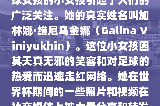 在巴西世界杯上，一位名叫足球女孩的小女孩引起了人们的广泛关注。她的真实姓名叫加林娜·维尼乌金娜（Galina Viniyukhin）。这位小女孩因其天真无邪的笑容和对足球的热爱而迅速走红网络。她在世界杯期间的一些照片和视频在社交媒体上被大量分享和转发。