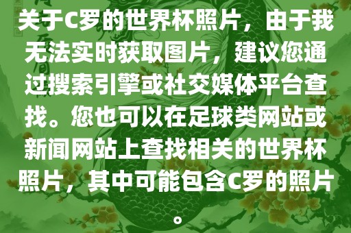 关于C罗的世界杯照片，由于我无法实时获取图片，建议您通过搜索引擎或社交媒体平台查找。您也可以在足球类网站或新闻网站上查找相关的世界杯照片，其中可能包含C罗的照片。