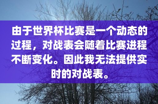 由于世界杯比赛是一个动态的过程，对战表会随着比赛进程不断变化。因此我无法提供实时的对战表。洛阳市法福文化传播有限公司