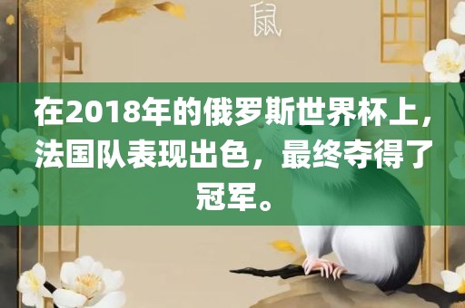 在2018年的俄罗斯世界杯洛阳市法福文化传播有限公司上，法国队表现出色，最终夺得了冠军。
