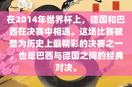 在2014年世界杯上，德国和巴西在决赛中相遇。这场比赛被誉为历史上最精彩的决赛之一，也是巴西与德国之间的经典对决。洛阳市法福文化传播有限公司