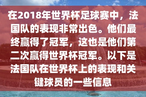 在2018年世界杯足球赛中，法国队的表现非常出色。他们最终赢得了冠军，这也是他们第二次赢得世界杯冠军。以下是法国队在世界杯上的表现和关键球员的一些信息洛阳市法福文化传播有限公司