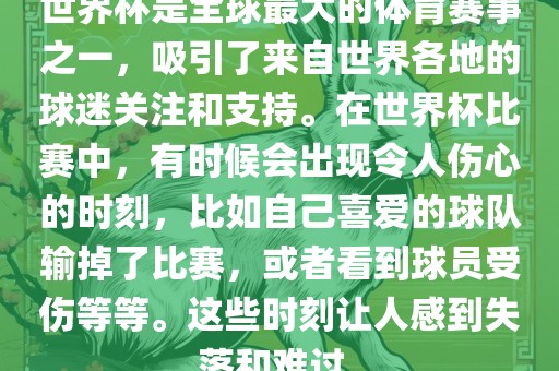 世界杯是全球最大的体育赛事之一，吸引了来自世界各地的球迷关注和支持。在世界杯比赛中，有时候会出现令人伤心的时刻，比如自己喜爱的球队输掉了比赛，或者看到球员受伤等等。这些时刻让人感到失落和难过。洛阳市法福文化传播有限公司