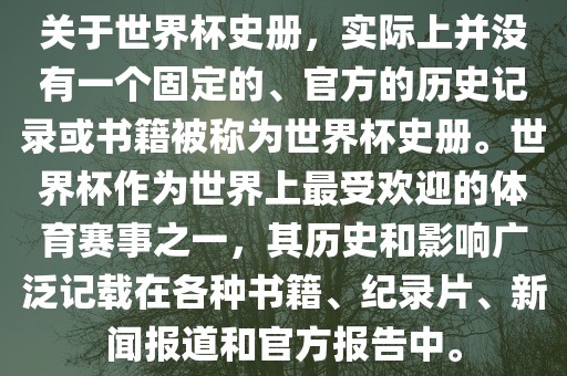 关于世界杯史册，实际上并没有一个固定的、官方的历史记录或书籍被称为世界杯史册。世界杯作为世界上最受欢迎的体育赛事之一，其历史和影响广泛记载在各种书籍、纪录片、新闻报道和官方报告中。