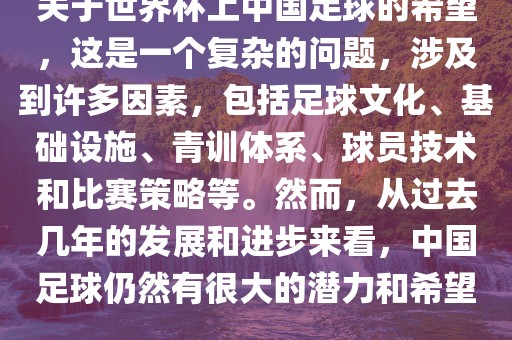 关于世界杯上中国足球的希望，这是一个复杂的问题，涉及到许多因素，包括足球文化、基础设施、青训体系、球员技术和比赛策略等。然而，从过去几年的发展和进步来看，中国足球仍然有很大的潜力和希望。洛阳市法福文化传播有限公司