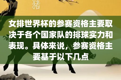 女排世界杯的参赛资格主要取决于各个国家队的排球实力和表现。具体来说，参赛资格主要基于以下几点