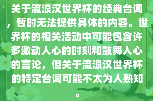 关于流浪汉世界杯的经典台词，暂时无法提供具体的内容。世界杯的相关活动中可能包含许多激动人心的时刻和鼓舞人心的言论，但关于流浪汉世界杯的特定台词可能不太为人熟知。