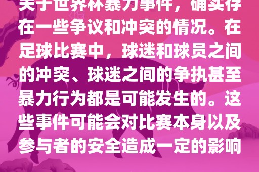 关于世界杯暴力事件，确实存在一些争议和冲突的情况。在足球比赛中，球迷和球员之间的冲突、球迷之间的争执甚至暴力行为都是可能发生的。这些事件可能会对比赛本身以及参与者的安全造成一定的影响。
