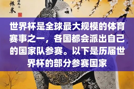 世界杯是全球最大规模的体育赛事之一，各国都会派出自己的国家队参赛。以下是历届世界杯的部分参赛国家