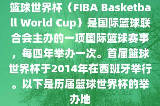 篮球世界杯（FIBA Basketball World Cup）是国际篮球联合会主办的一项国际篮球赛事，每四年举办一次。首届篮球世界杯于2014年在西班牙举行。以下是历届篮球世界杯的举办地