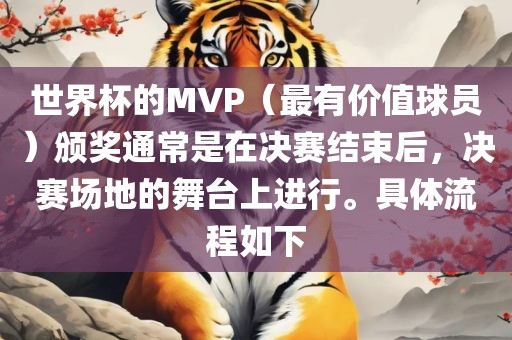 世界杯的MVP（最有价值球员）颁奖通常是在决赛结束后，决赛场地的舞台上进行。具体流程如下