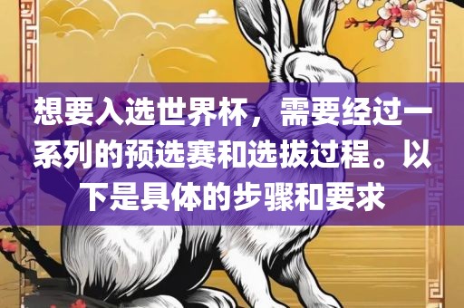 想要入选世界杯，需要经过一系列的预选赛和选拔过程。以下是具体的步骤和要求