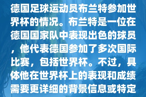 关于布兰特世界杯，可能是指德国足球运动员布兰特参加世界杯的情况。布兰特是一位在德国国家队中表现出色的球员，他代表德国参加了多次国际比赛，包括世界杯。不过，具体他在世界杯上的表现和成绩需要更详细的背景信息或特定的时间点来确定。