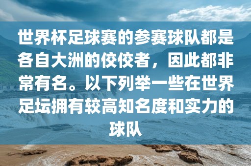 世界杯足球赛的参赛球队都是各自大洲的佼佼者，因此都非常有名。以下列举一些在世界足坛拥有较高知名度和实力的球队